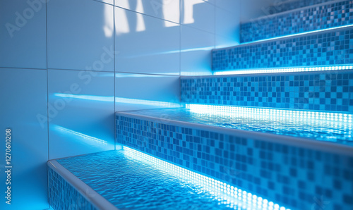 Ceramic tile staircase with LED illumination in modern villa for sleek design