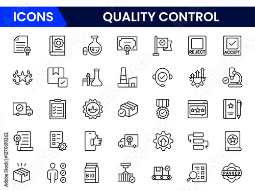 Quality control web icons set vector Illustration. Thin line icons for quality control, inspection, management, analysis, certification, standards, and compliance.
