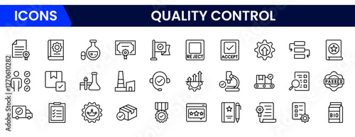 Quality control web icons set vector Illustration. Thin line icons for quality control, inspection, management, analysis, certification, standards, and compliance.