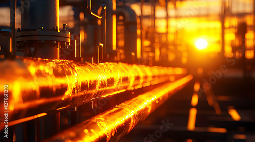 Industrial Pipeline System at Sunset with Metal Pipes and Warm Light