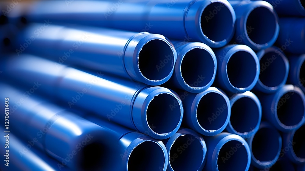 A detailed shot of neatly stacked blue PVC pipes showcasing the precise engineering and design of the industrial plumbing materials A detailed shot of neatly stacked blue PVC pipes showcasing the precise engineering and design of the industrial plumbing materials
