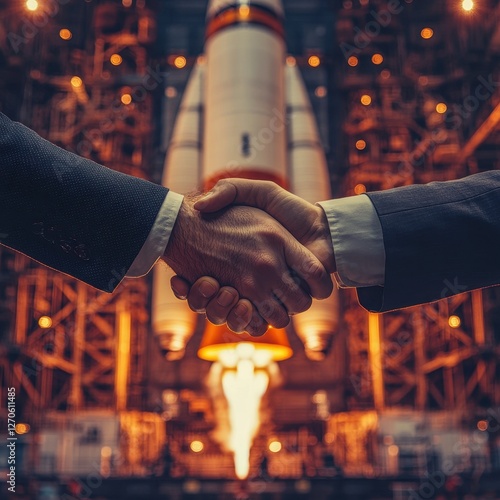 Two men shaking hands in front of a space shuttle and giant rocket during a collaborative event