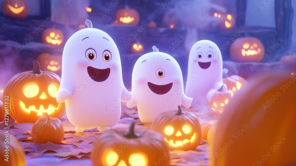 Playful Ghost Characters Surrounded by Glowing Halloween Pumpkins Playful Ghost Characters Surrounded by Glowing Halloween Pumpkins