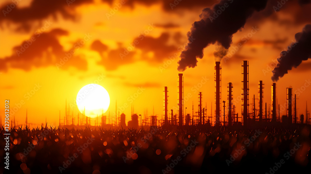 Obraz premium Industrial Plant Silhouette Against Orange Sunset Sky with Smoke Emission