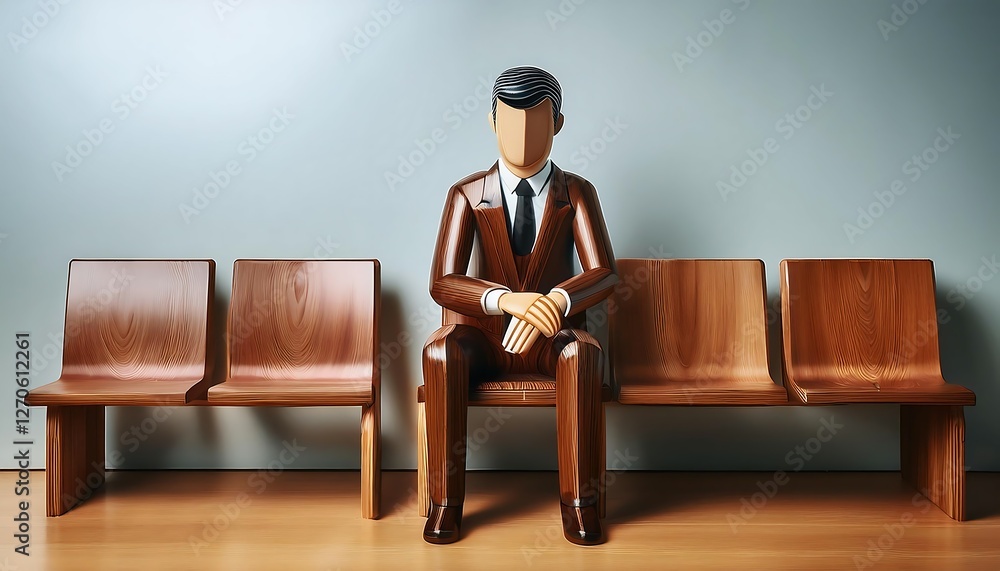 Wooden Businessman Figurine Waiting Impatiently – Symbol of Time Pressure and Anticipation Wooden Businessman Figurine Waiting Impatiently – Symbol of Time Pressure and Anticipation