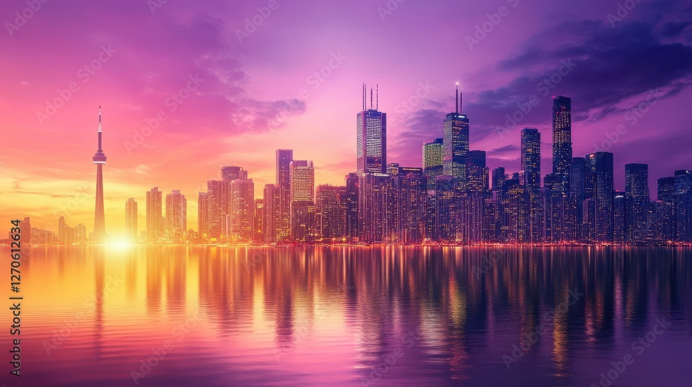 Obraz premium Vibrant Sunset Over Urban Skyline with Reflections on Water