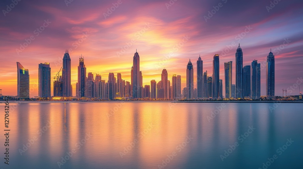 Fototapeta premium Dramatic Sunset Over Modern Skyscrapers Reflecting in Water