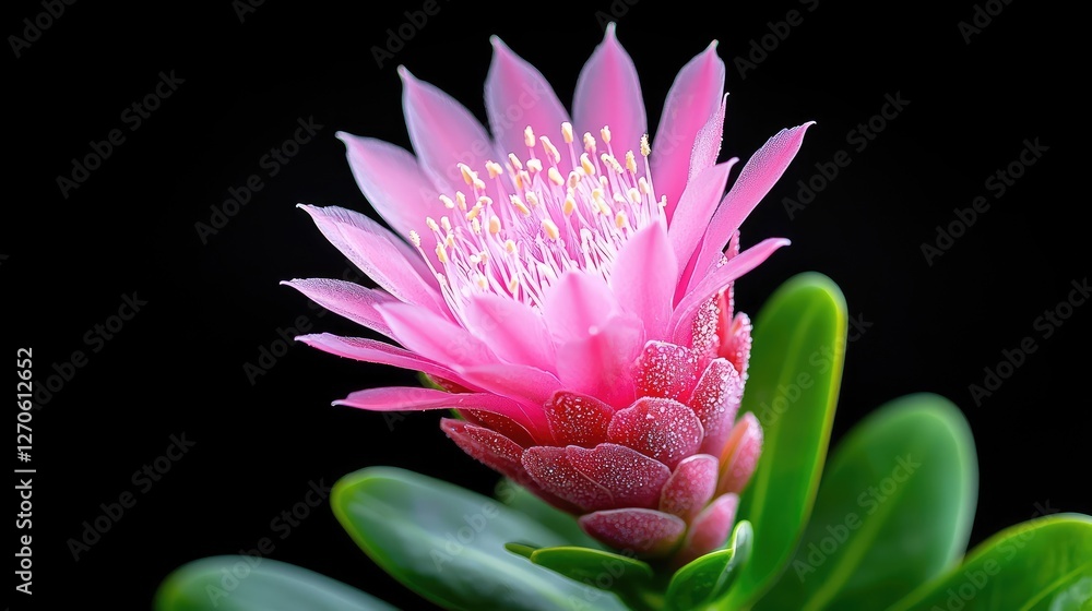 Obraz premium Vibrant pink succulent flower blooming against a solid black background in a studio macro shot.