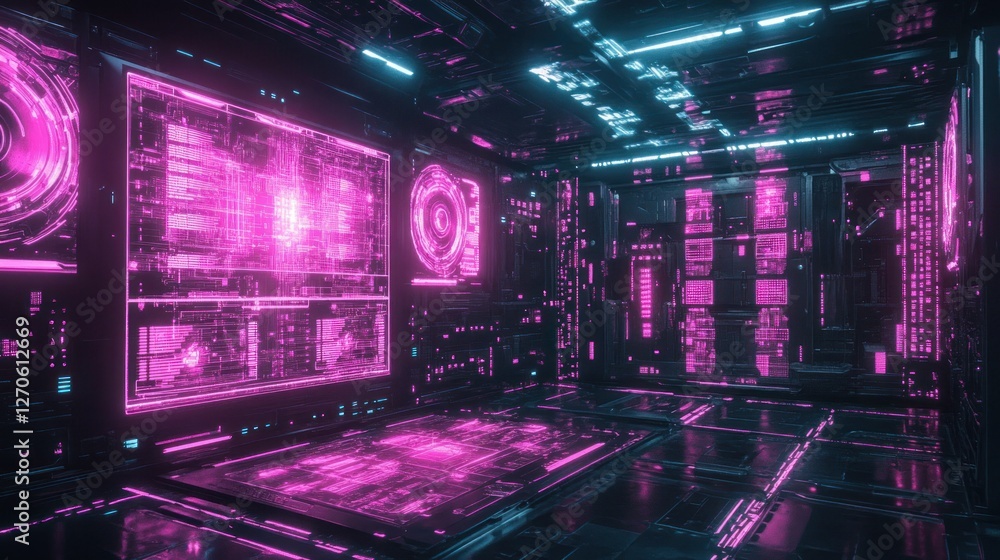 Cyberpunk game room with neon pink holographic panels, glowing energy, dark futuristic feel background wallpaper AI generated image Cyberpunk game room with neon pink holographic panels, glowing energy, dark futuristic feel background wallpaper AI generated image