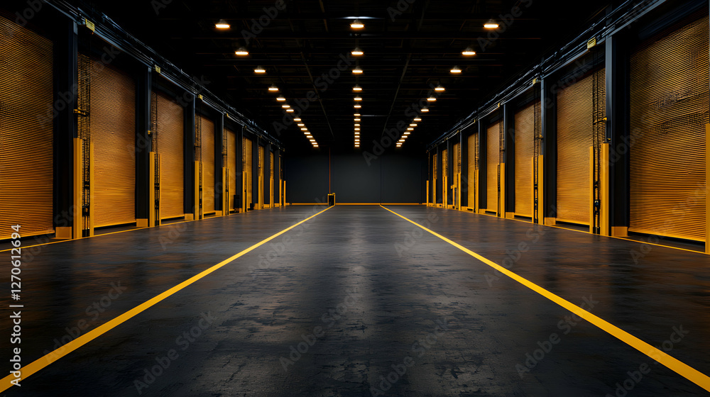 Naklejka premium Interior of Large Industrial Warehouse with Yellow Accents and Dark Asphalt Floor