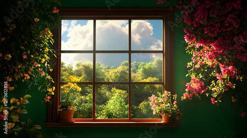 Interior View Through Window with Garden Flowers and Bright Green Wall