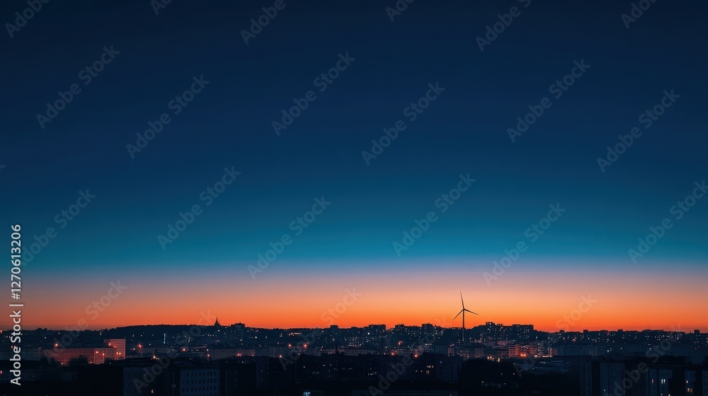 Serene Cityscape at Dusk with Wind Turbine Against Colorful Sky Serene Cityscape at Dusk with Wind Turbine Against Colorful Sky