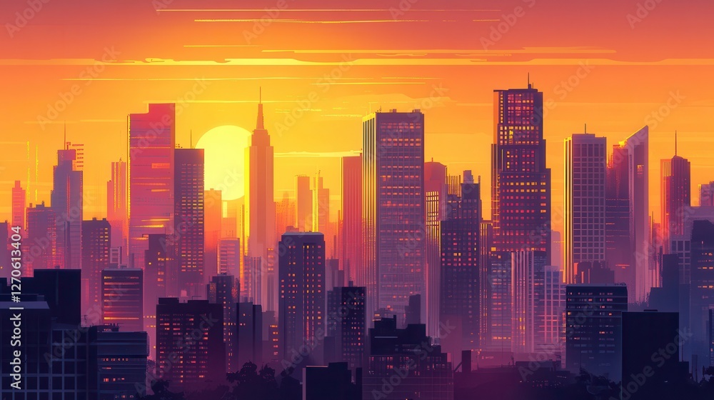 Urban Skyline at Sunset with Colorful Cityscape and Silhouettes Urban Skyline at Sunset with Colorful Cityscape and Silhouettes