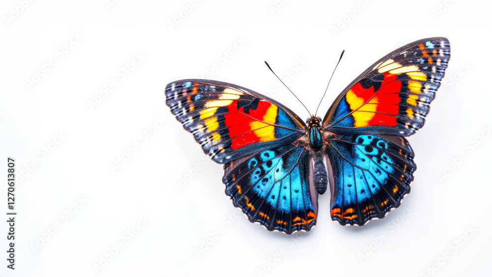 Vibrant colorful beautiful butterfly against white background. Symbol of care, childhood, trust, elegance, beauty. Perfect for nature branding, artistic designs, and butterfly themed visuals. Copy spa Vibrant colorful beautiful butterfly against white background. Symbol of care, childhood, trust, elegance, beauty. Perfect for nature branding, artistic designs, and butterfly themed visuals. Copy spa