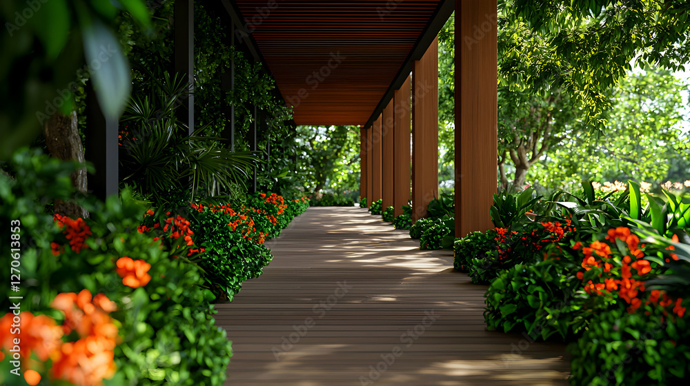 Fototapeta premium Landscaped Garden Path with Wooden Pergola and Vibrant Orange Flowers Amidst Lush Greenery in Daytime