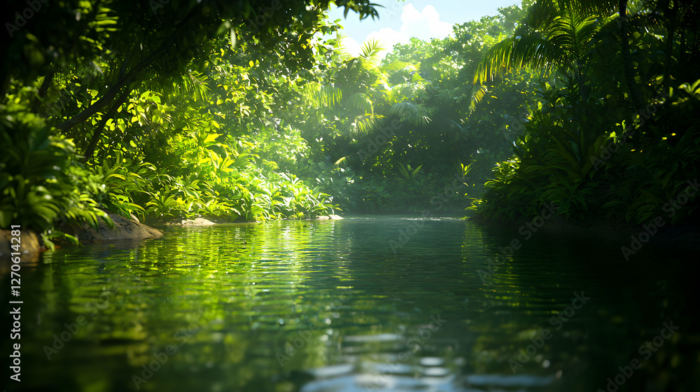 Obraz premium Lush Green Jungle Stream Reflecting Sunlight Through Dense Foliage in Peaceful Environment