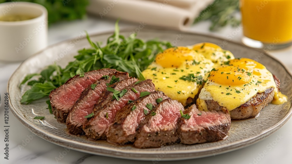 A delicious plate featuring sliced steak, arugula, and eggs Benedict with hollandaise sauce. A delicious plate featuring sliced steak, arugula, and eggs Benedict with hollandaise sauce.