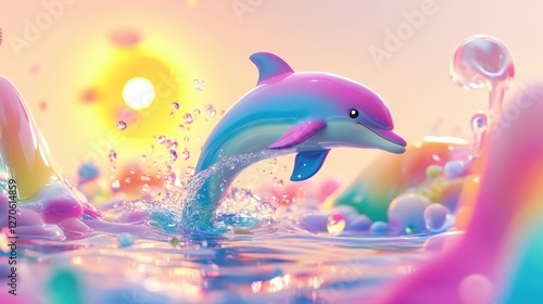 Wallpaper Mural Colorful Dolphin Jumping Through Vibrant Rainbow Waves at Sunset Torontodigital.ca