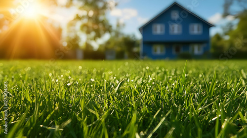 Lush Green Lawn in Foreground with Blue House and Bright Sun in Background