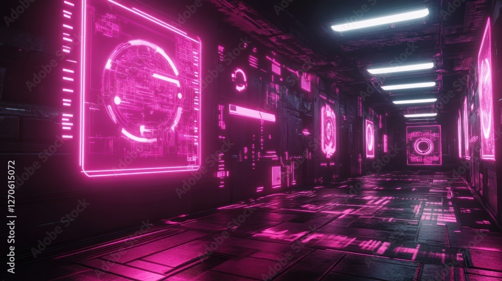 Obraz premium Cyberpunk game room with neon pink holographic panels, glowing energy, dark futuristic feel background wallpaper AI generated image