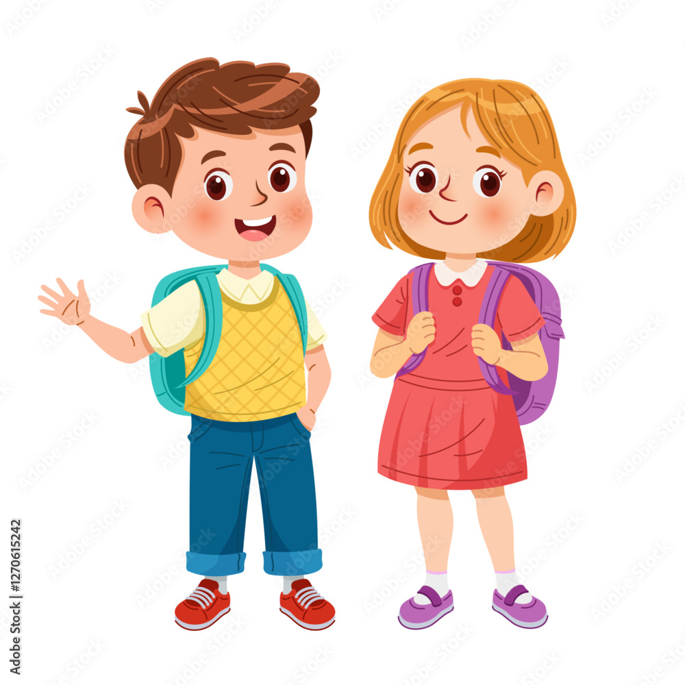 Cute little boy and girl standing with backpacks and smiling Cute little boy and girl standing with backpacks and smiling