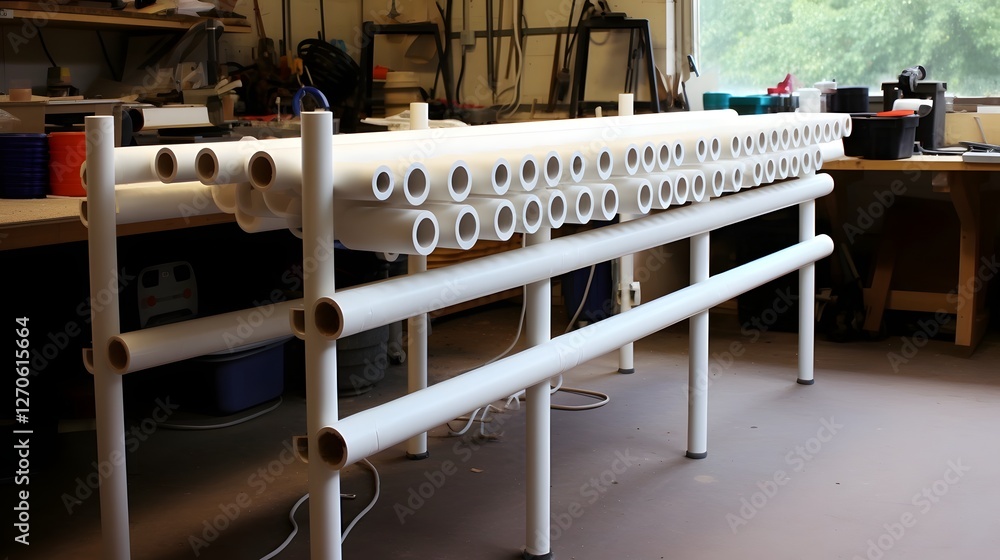Closeup view of an assortment of various PVC pipe joints and fittings meticulously arranged on a wooden workbench showcasing the necessary components for plumbing and construction projects Closeup view of an assortment of various PVC pipe joints and fittings meticulously arranged on a wooden workbench showcasing the necessary components for plumbing and construction projects