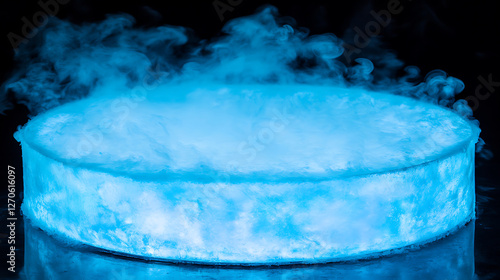 Enigmatic Circular Podium Display Platform with Atmospheric Blue Haze and Ethereal Vapor Effect