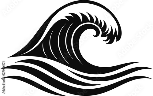 Summer wave silhouette vector illustration, ocean sea wave icon, tropical beach surf design, water splash graphic, abstract wave crest, seaside nature elements clipart