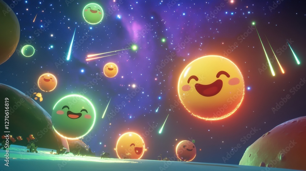 Colorful Smiley Faces Floating in a Dreamy Cosmic Landscape Colorful Smiley Faces Floating in a Dreamy Cosmic Landscape