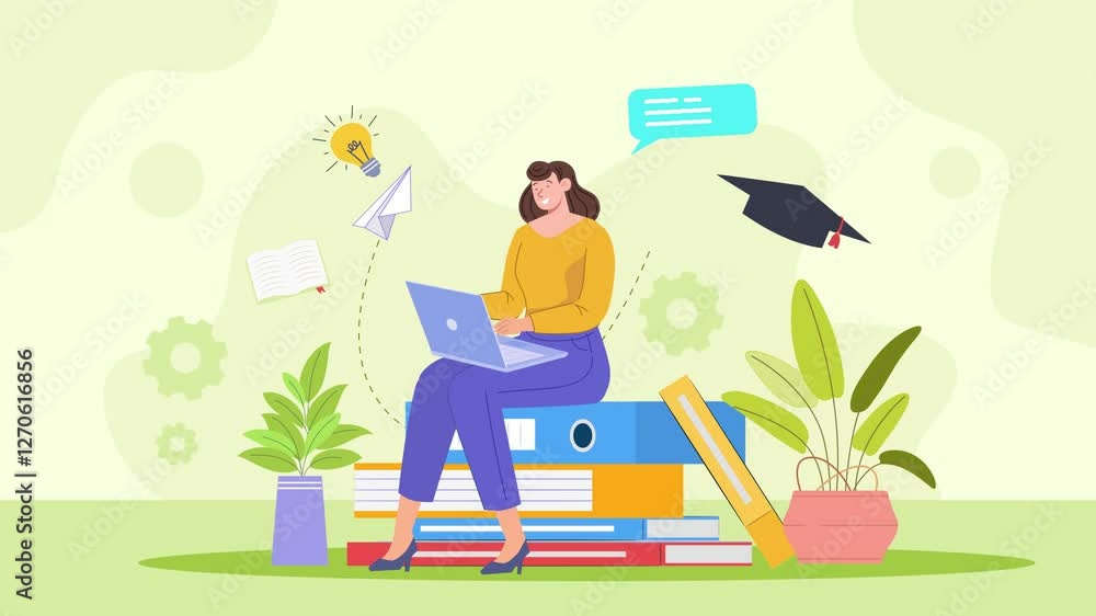 Vector animation featuring the online education experience. Characters could be students or teachers using digital tools to attend or conduct classes, access resources, and collaborate with peers. Vector animation featuring the online education experience. Characters could be students or teachers using digital tools to attend or conduct classes, access resources, and collaborate with peers.