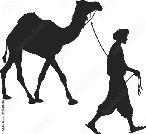 Man walking with camel silhouette vector illustration, Qurbani camel, desert travel, livestock, Eid sacrifice, rural life, nature, farm animal, traditional animal symbol.