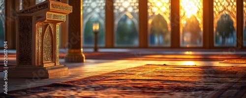Ornate wooden lectern inside a mosque basks in golden light