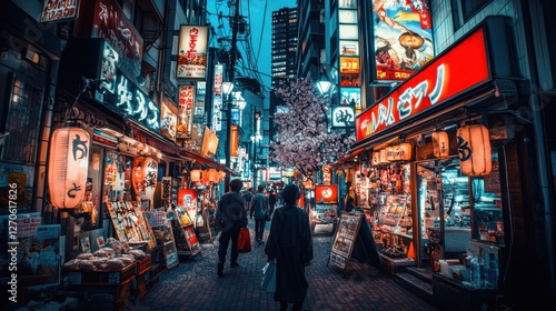 A dreamy cyberpunk-inspired Japanese city at night, glowing with neon signs, pink cherry blossom trees, and modern skyscrapers.