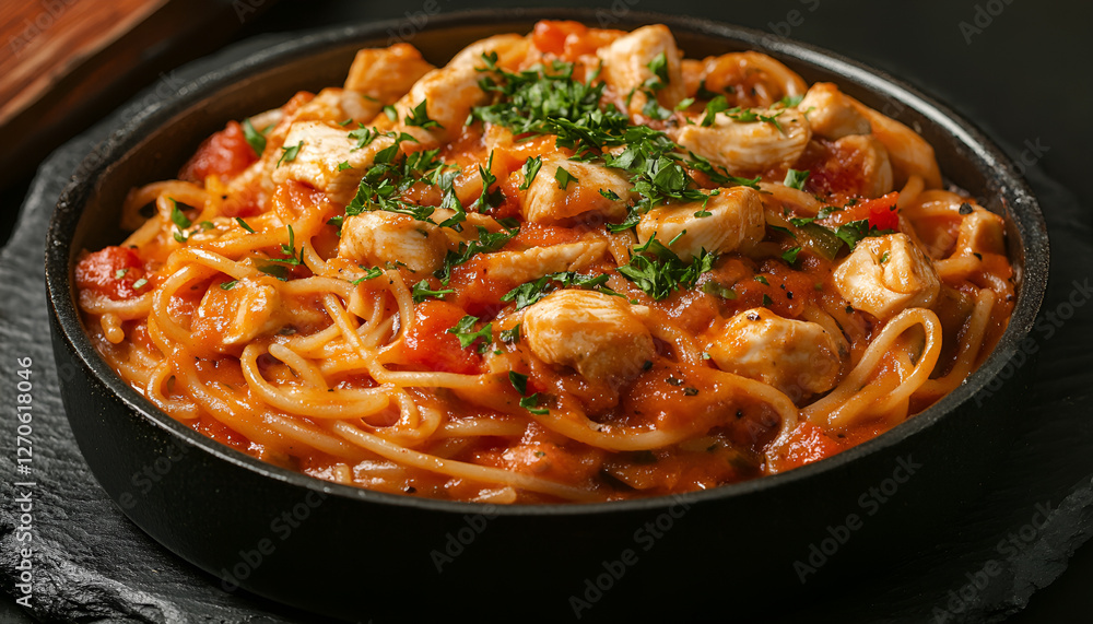 Spaghetti pasta in tomato sauce with chicken, parsley in pan. Chicken spaghetti pasta over black stone background with copy space, italian food Spaghetti pasta in tomato sauce with chicken, parsley in pan. Chicken spaghetti pasta over black stone background with copy space, italian food