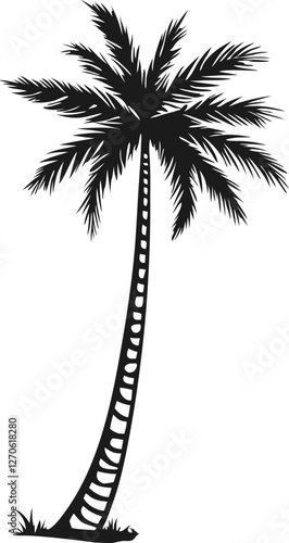 Palm tree silhouette vector illustration, tropical beach landscape, coconut palm icon, summer holiday design, exotic island sunset scene, black palm tree isolated