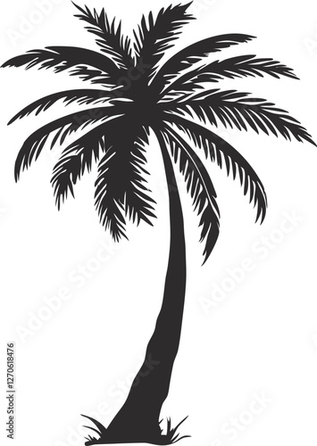 Palm tree silhouette vector illustration, tropical beach landscape, coconut palm icon, summer holiday design, exotic island sunset scene, black palm tree isolated