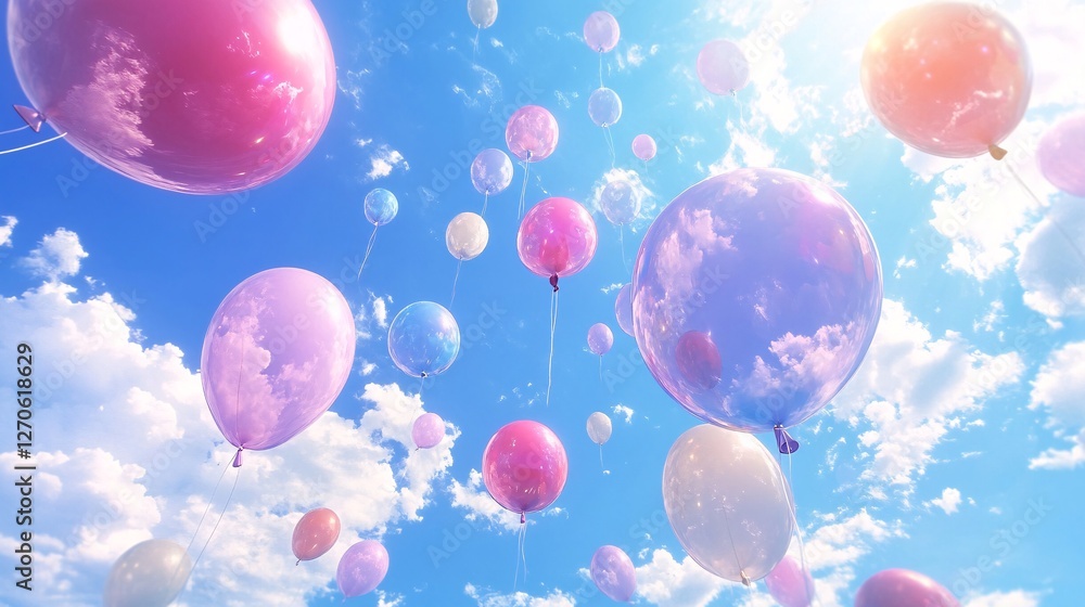 Colorful Balloons Floating in a Bright Blue Sky with Soft Clouds Colorful Balloons Floating in a Bright Blue Sky with Soft Clouds