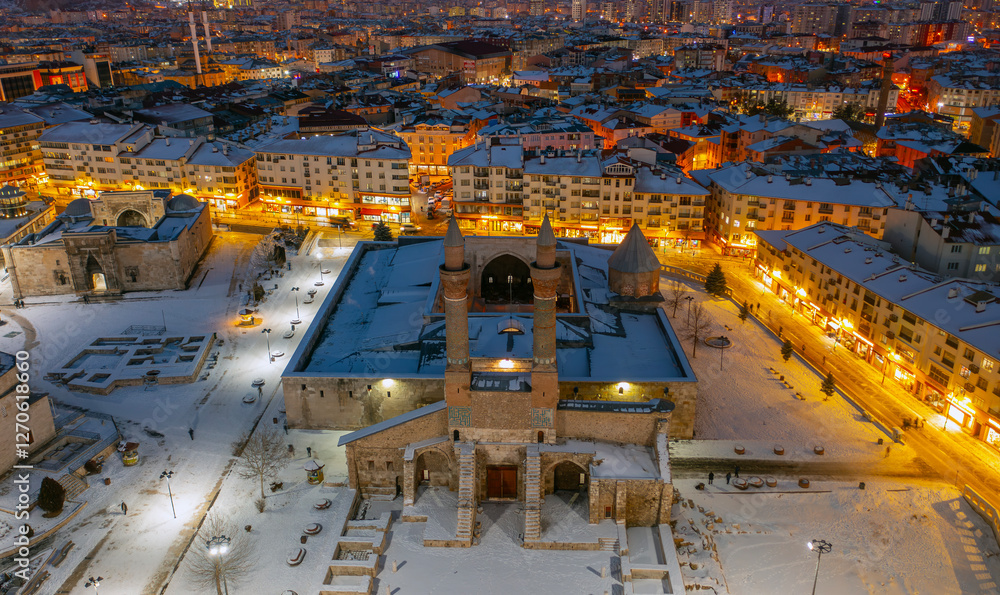 Double Minaret Madrasah was built in 1271 İlhanlı period. The tile decorations on the minarets are remarkable. Sivas, Turkey.