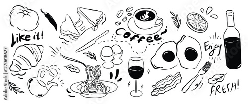 Set of cute food doodle elements vector. Hand drawn doodle collection of pizza, pasta, sausage, sandwich, wine, coffee, sparkle. Design for print, cartoon, wallpaper, restaurant, cafe, sticker.