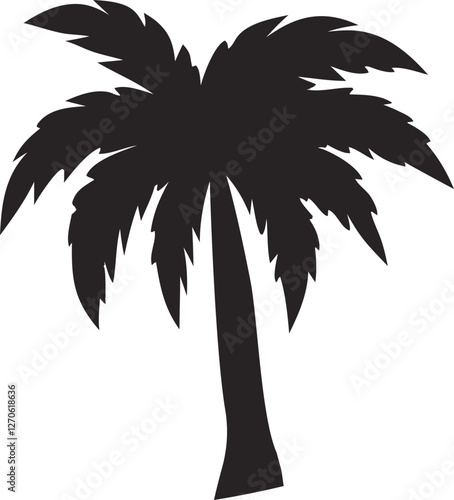 Palm tree silhouette vector illustration, tropical beach landscape, coconut palm icon, summer holiday design, exotic island sunset scene, black palm tree isolated