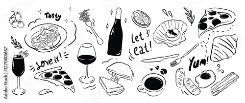 Set of cute food doodle elements vector. Hand drawn doodle collection of pizza, pasta, sausage, sandwich, wine, coffee, sparkle. Design for print, cartoon, wallpaper, restaurant, cafe, sticker.