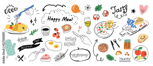 Set of cute food doodle elements vector. Hand drawn doodle collection of pizza, bread, mushroom, pasta, egg, strawberry, coffee. Design for print, cartoon, wallpaper, restaurant, cafe, sticker.
