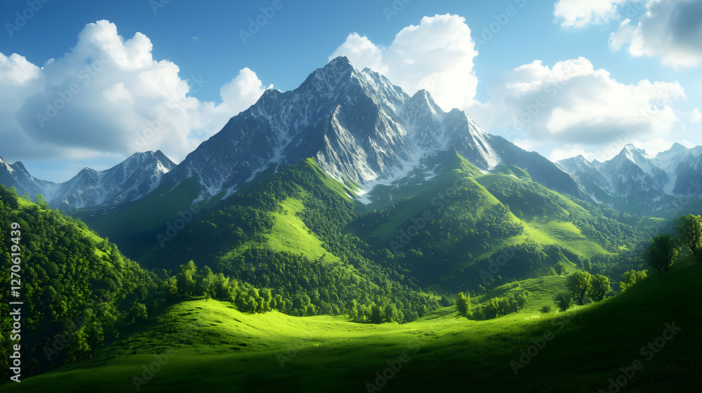 Obraz premium Lush Green Mountain Landscape Under a Blue Cloudy Sky in Sunlight