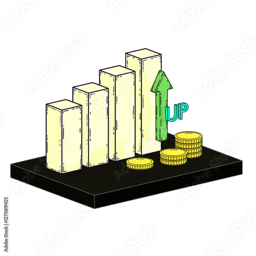 Financial Growth: An illustrative depiction of a bar graph with an upward trending arrow, symbolizing progress, alongside stacks of coins suggesting financial prosperity.