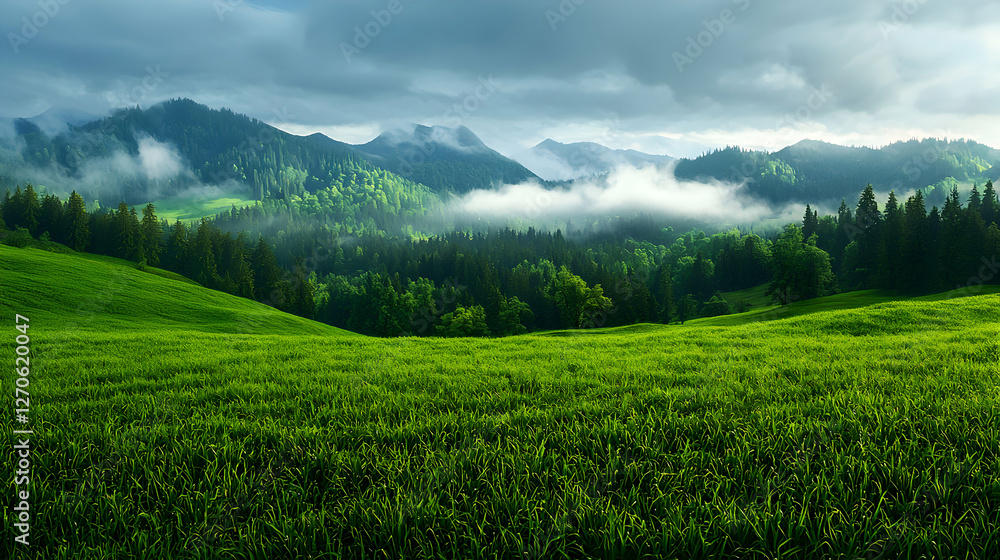 Fototapeta premium Lush Green Field with Rolling Hills and Misty Forest Under Cloudy Sky