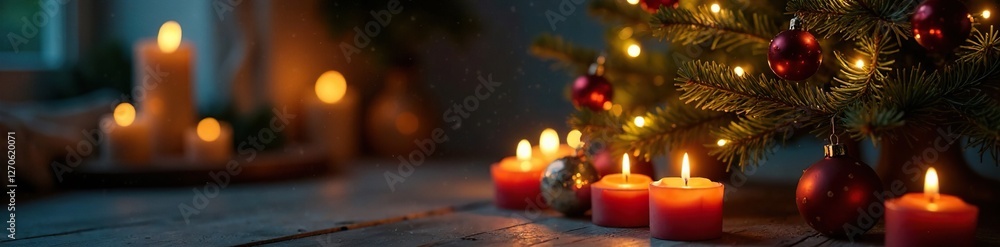 Flickering candles and fairy lights around a Christmas tree, gentle glow, soft illumination, rustic decor Flickering candles and fairy lights around a Christmas tree, gentle glow, soft illumination, rustic decor