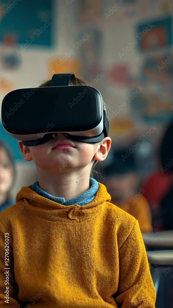 A boy in a classroom using a virtual reality headset to learn A boy in a classroom using a virtual reality headset to learn
