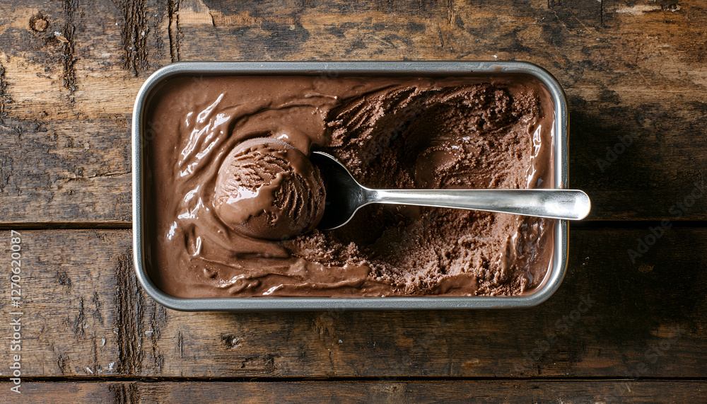 Fototapeta premium Homemade ice cream with scoop in frozen metallic container on wooden background
