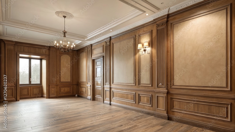 Fototapeta premium Modern Interior Long Exposure of Room with Wooden Paneling and Beige Stucco Wall, Ideal for Copy Space and Design Inspiration