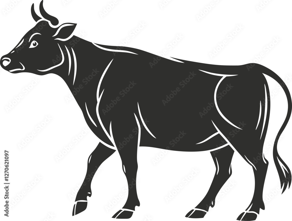 Fototapeta premium Cow silhouette vector illustration, Qurbani cow symbol, farm animal, livestock, Eid sacrifice, agriculture, rural farm, meat, nature icon, traditional animal design.